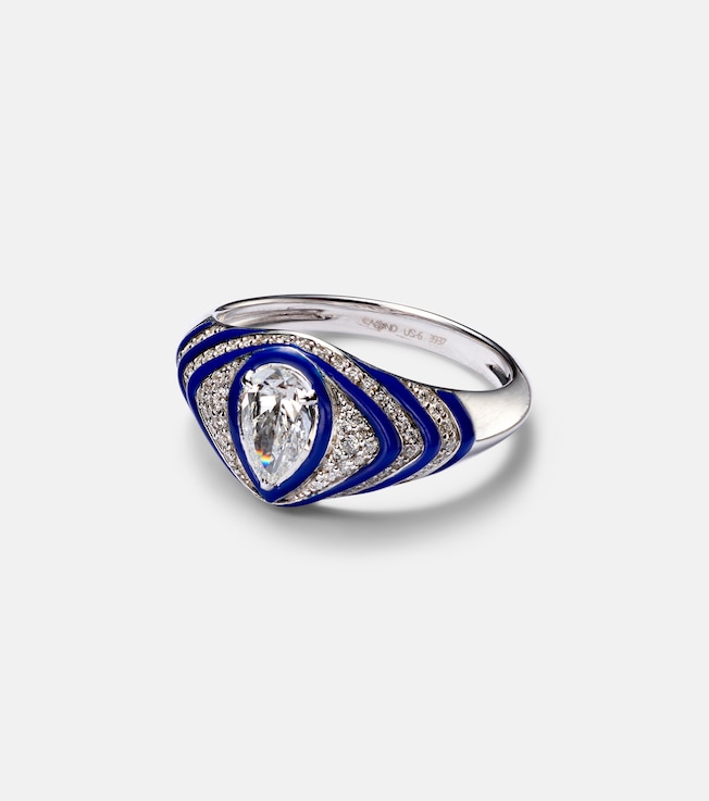 Striped Pear 18kt white gold and enamel pinky ring with diamonds | Kamyen